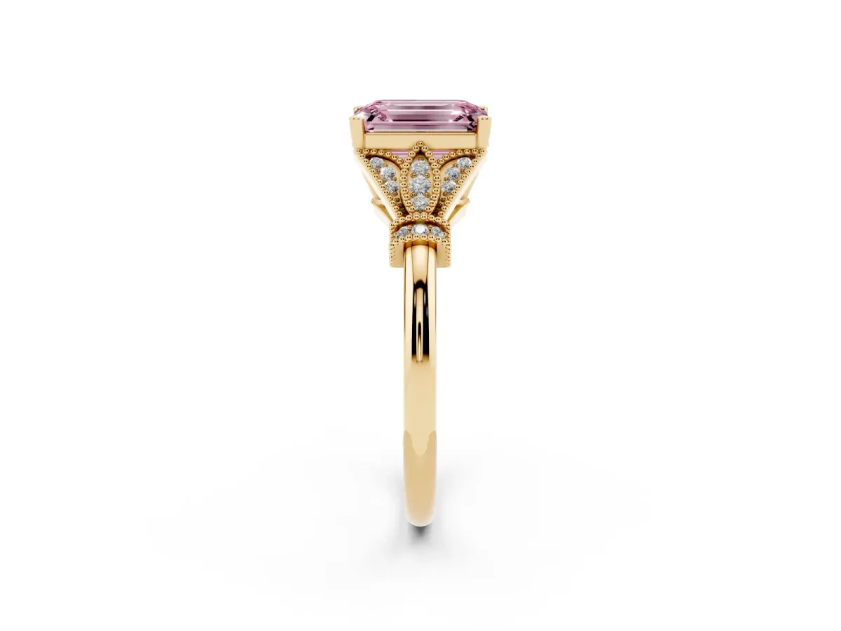 Fancy Pink Emerald Cut Diamond Solitaire Ring with Floral Filigree and Pave Accents Yellow gold
