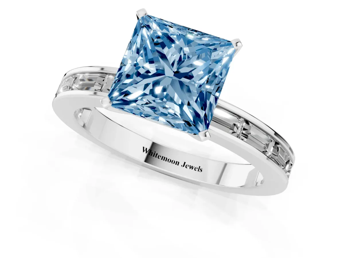 Fancy Blue Princess Cut Solitaire Diamond Ring with Channel-Set Baguette Band and Four-Prong Setting Platinum