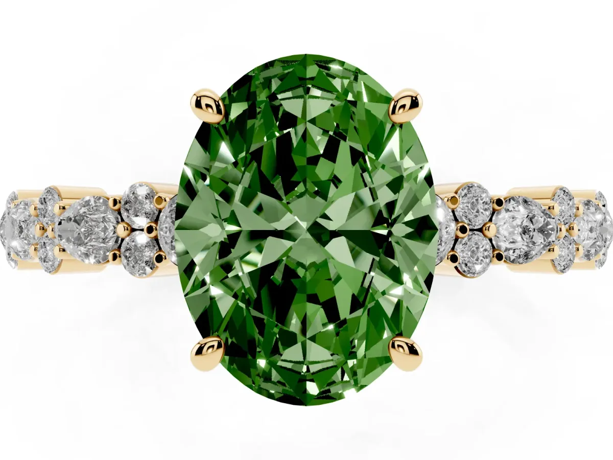 Fancy Green Oval Cut Diamond Side Stone Solitaire Ring with Round and Four-Prong Setting Yellow gold