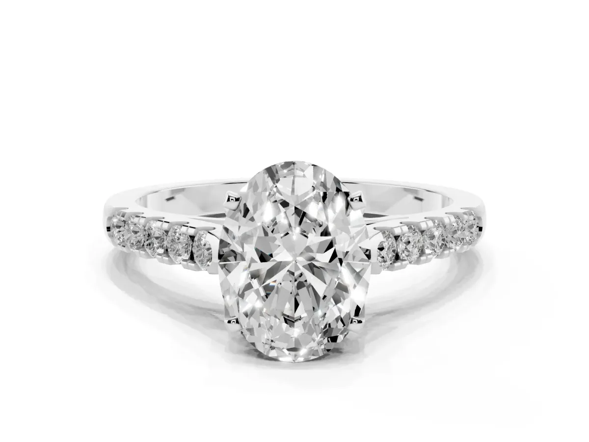 Oval Cut Diamond Pavé Band Solitaire Ring with Prong Setting Silver