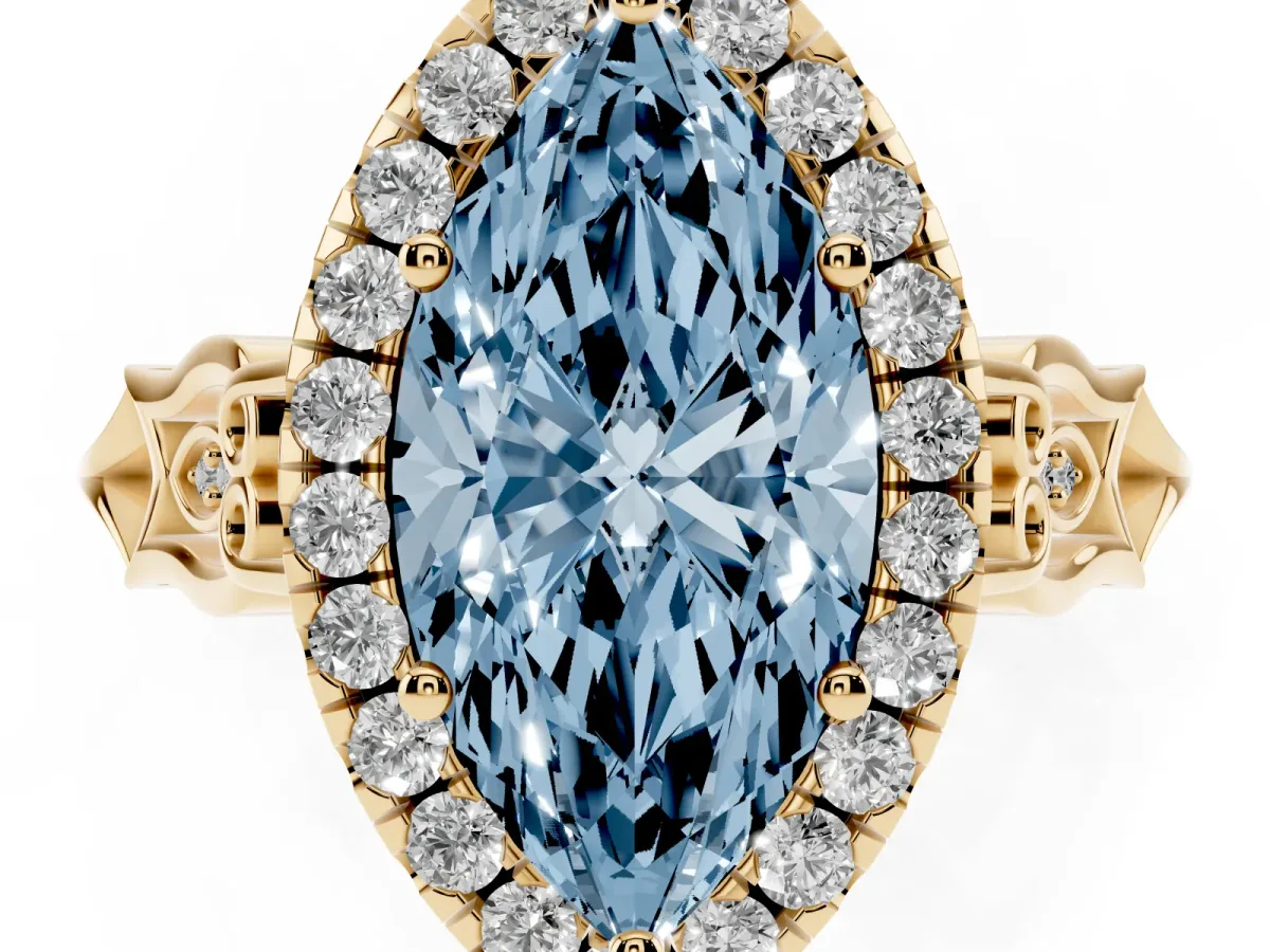 Fancy Blue Marquise Cut Halo Diamond Engagement Ring with Filigree Band and Four-Prong Setting Yellow gold
