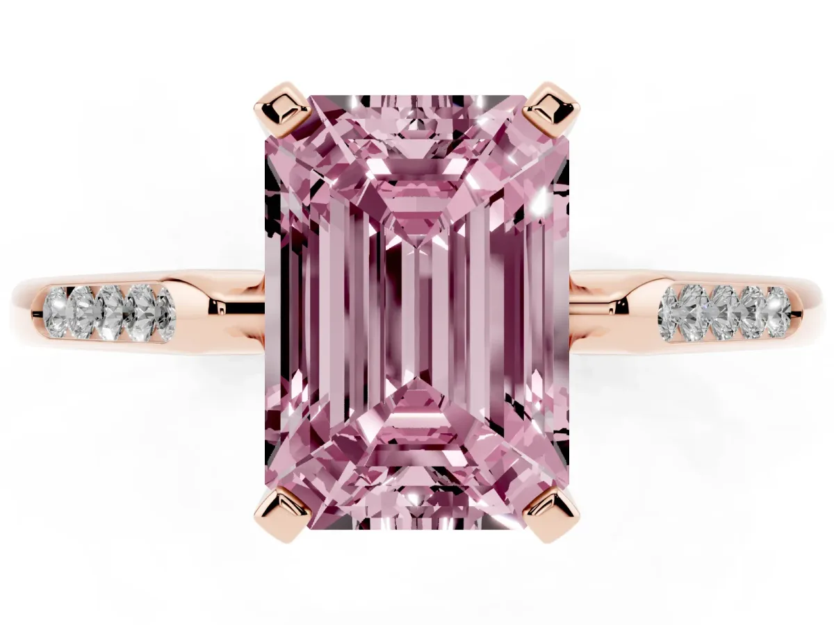 Fancy Pink Emerald Cut Diamond Solitaire Ring with Channel Set Round Band and Prong Setting Rose gold