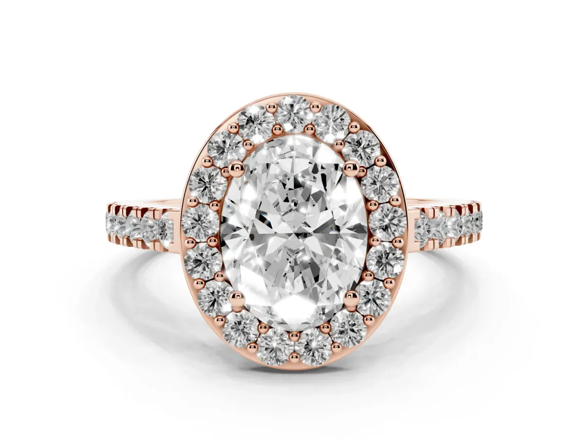 Oval Cut Diamond Halo Ring with Round Pavé Split Shank and Prong Setting Rose gold