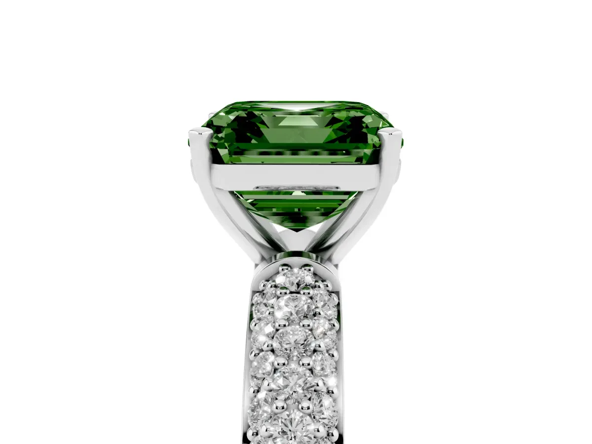 Fancy Green Asscher Cut Diamond Solitaire Ring with Prong Setting and Pavé Band Silver