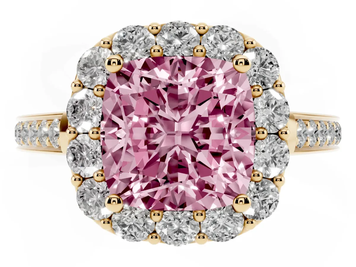 Fancy Pink Cushion Cut Diamond Floral Halo Ring with Pavé Band and Prong Setting Yellow gold