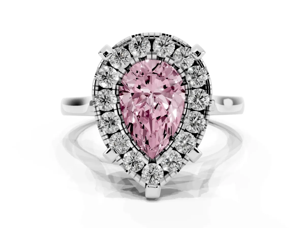 Fancy Pink Pear Cut Diamond Cluster Halo Solitaire with Four-Prong Setting Silver