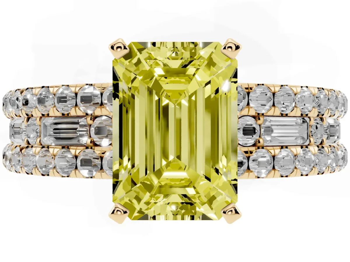 Fancy Yellow Emerald Cut Diamond Solitaire Ring with Pavé and Channel Set Band Yellow gold