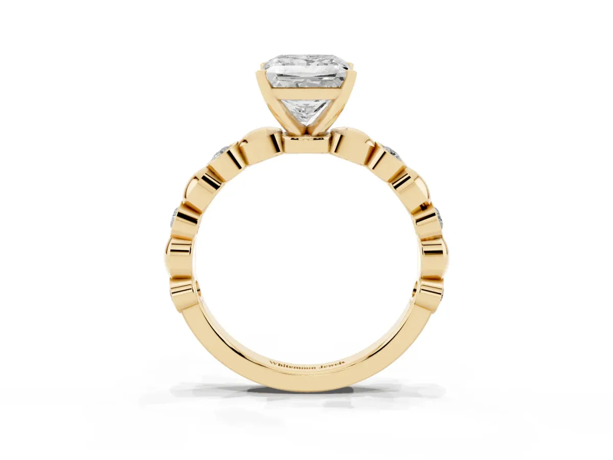 Princess Cut Solitaire Bezel-Set Diamond Ring with Beaded Band and Four-Prong Setting Yellow gold
