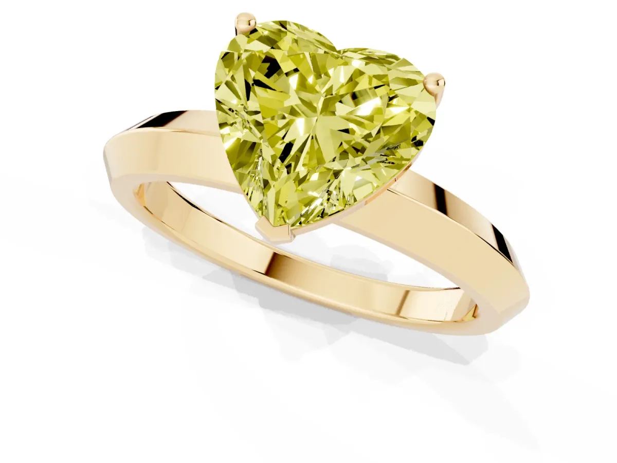 Fancy Yellow Heart Cut Cut Solitaire Engagement Ring with Flat Band and Four-Prong Setting Yellow gold
