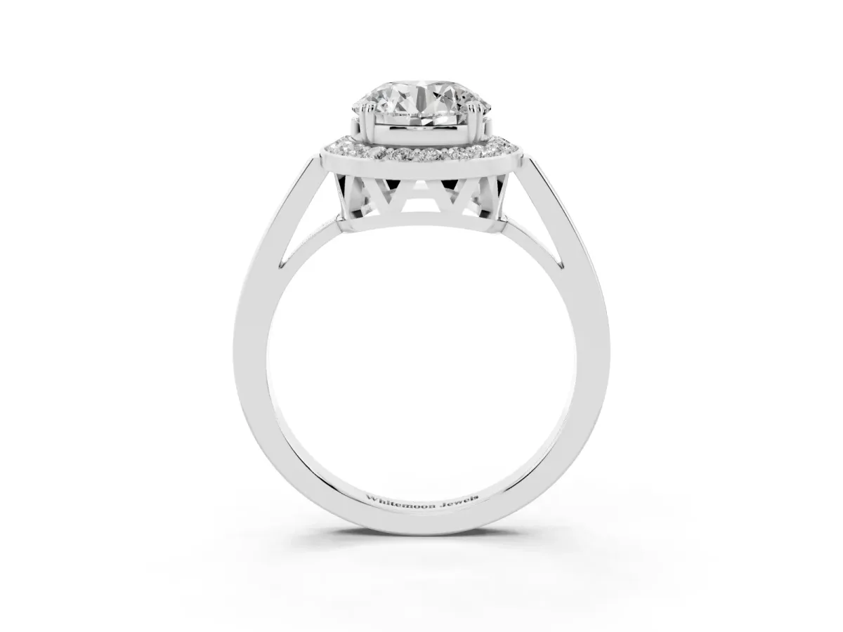 Round Cut Diamond Halo Ring with Split Shank and Four-Prong Setting Silver
