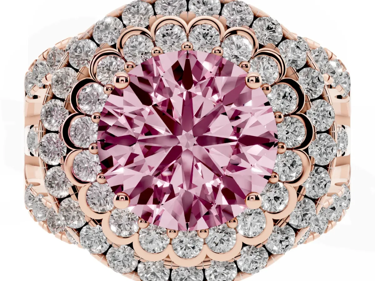 Fancy Pink Round Cut Diamond Double Halo Ring with Round Pavé Split Shank and Prong Setting Rose gold