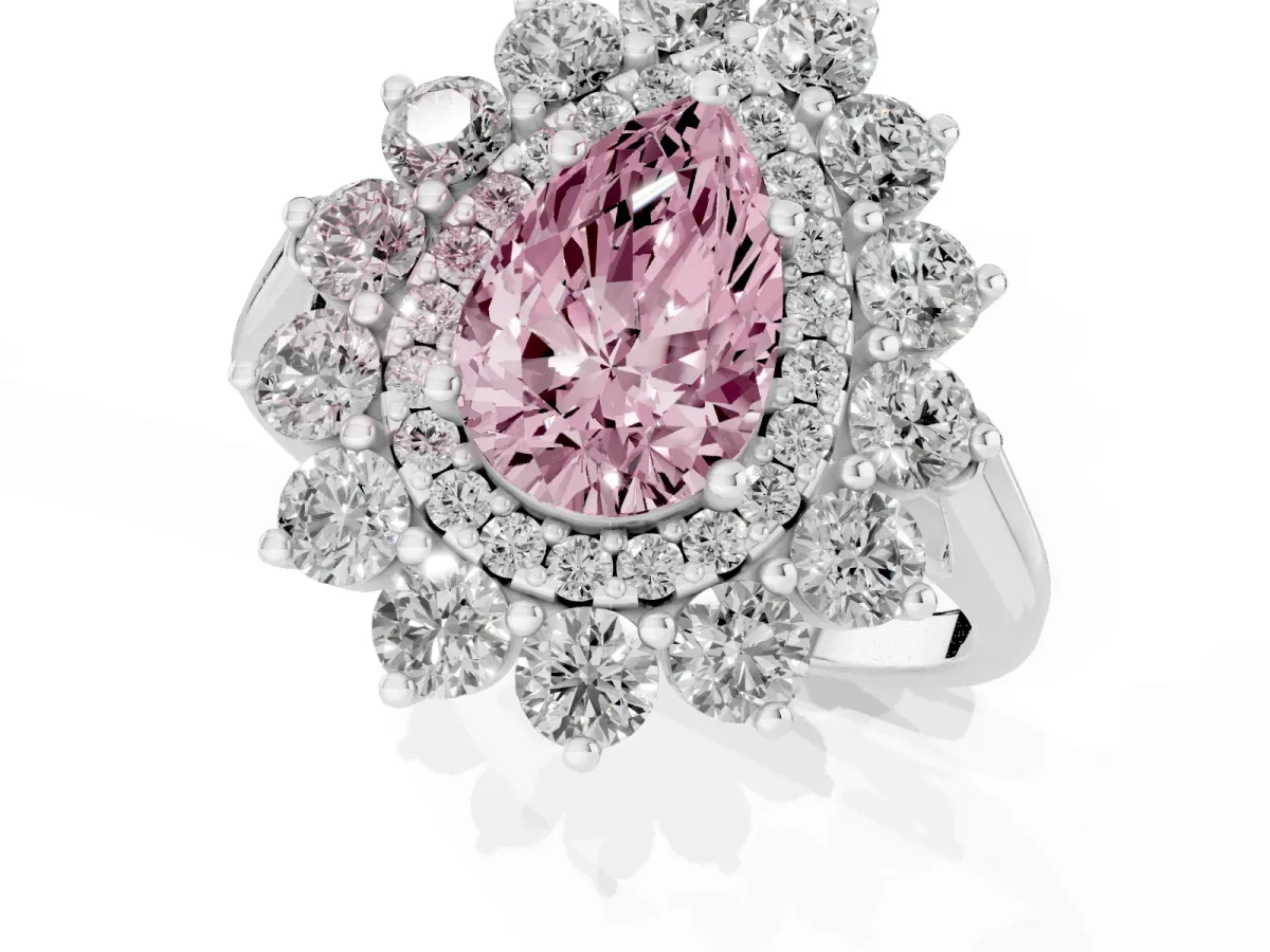 Fancy Pink Pear Cut Diamond Floral Double Halo Engagement Ring with Prong Setting Platinum