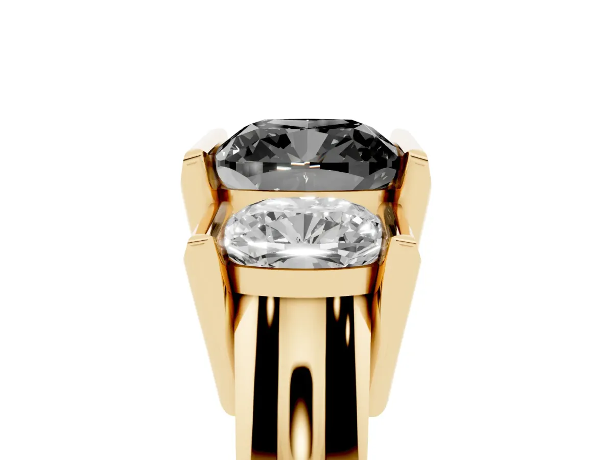 Fancy Black Three Stone Cushion Cut Cut Channel Set Diamond Ring Yellow gold