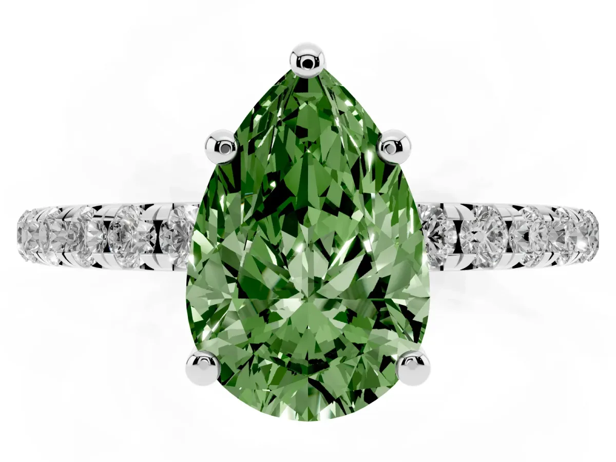 Fancy Green Pear Cut Cut Diamond Solitaire Ring with Micro Pave Band and Four Prong Setting Silver