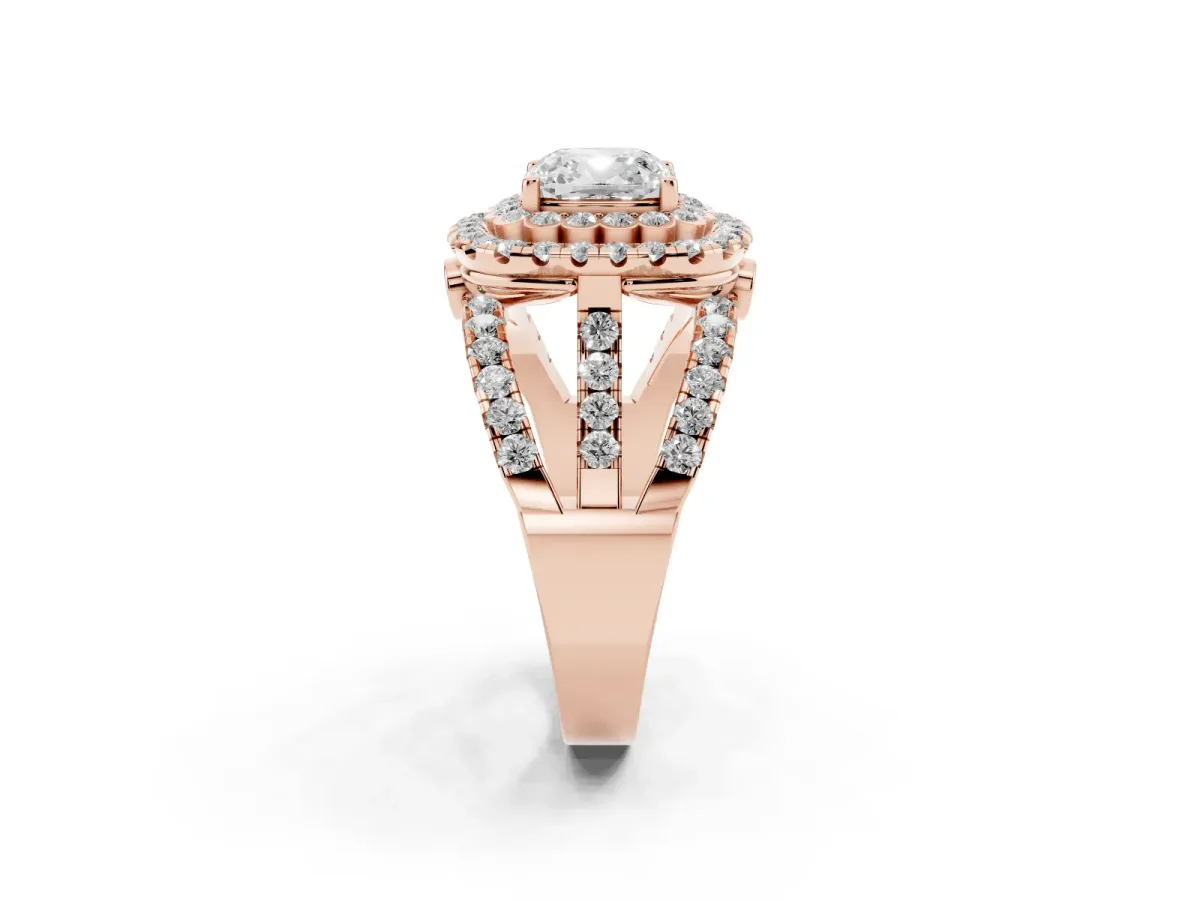 Cushion Cut Diamond Double Halo Ring with Round Pavé Split Shank and Prong Setting Rose gold