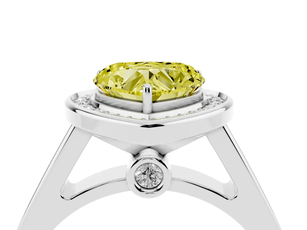 Fancy Yellow Heart Cut Halo Solitaire Diamond Ring with Pave Band and Bezel Setting Silver