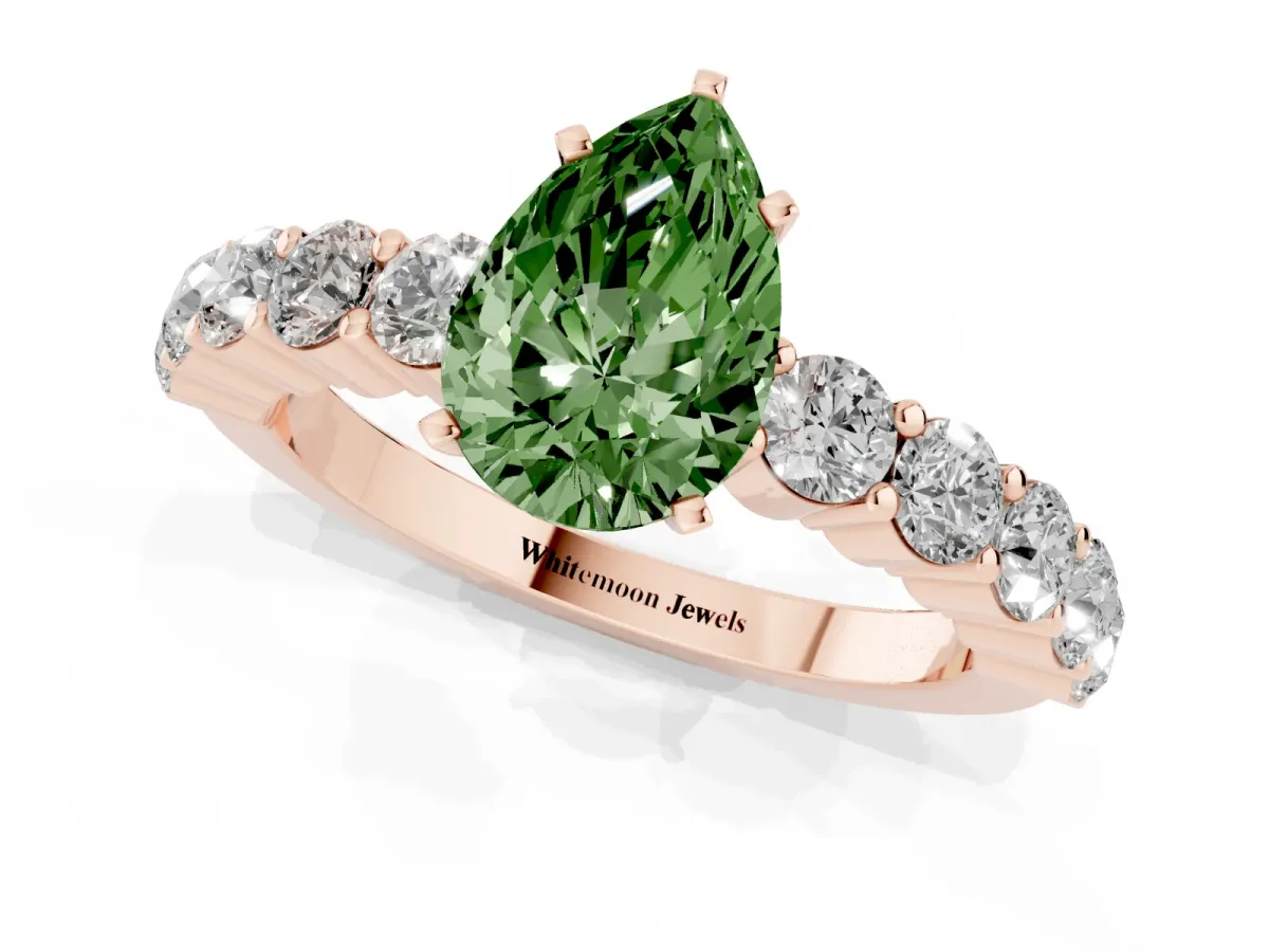 Fancy Green Pear Cut Diamond Solitaire Ring with Shared Prong Round Side Stones Rose gold