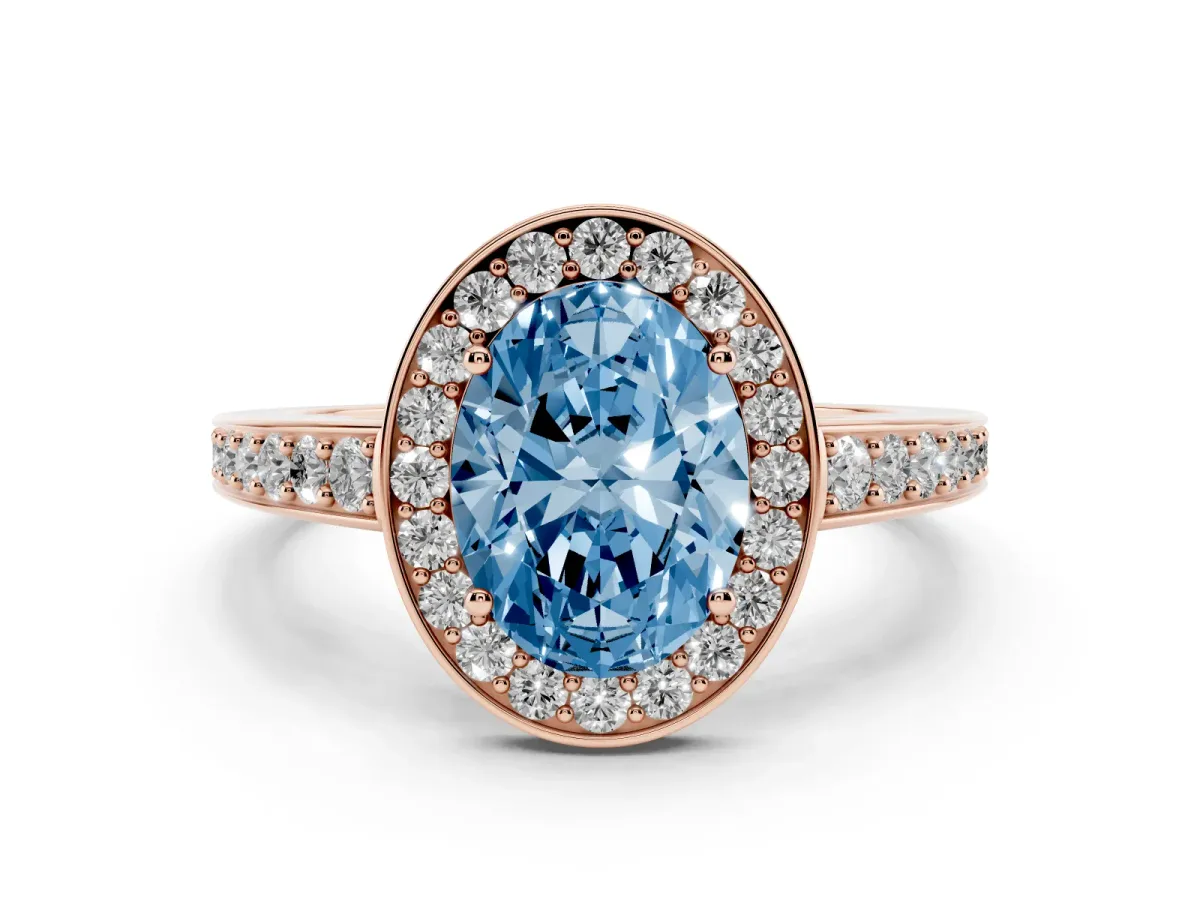Fancy Blue Oval Cut Halo Pavé Diamond Engagement Ring with Bezel Setting Rose gold