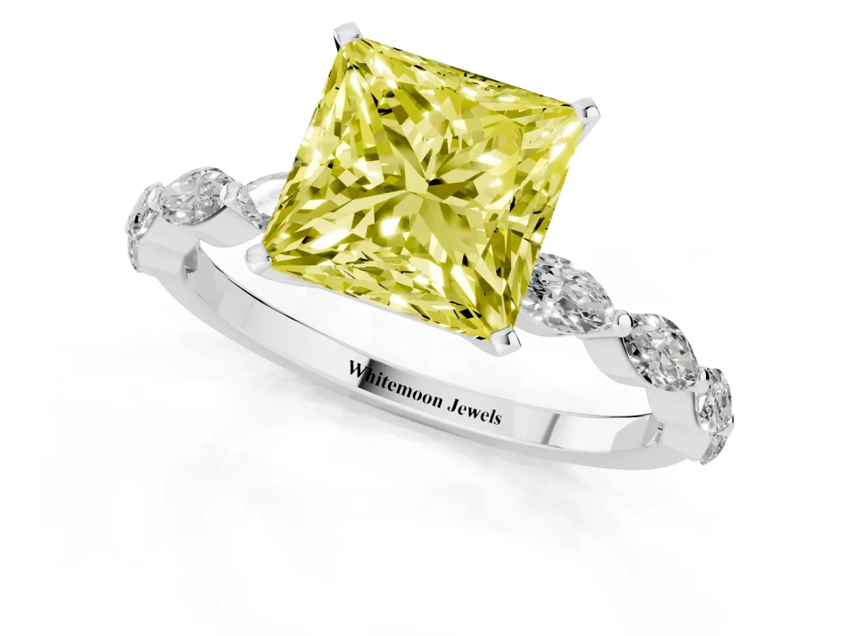 Fancy Yellow Princess Cut Diamond Ring with Marquise Side Stones and Prong Setting Platinum
