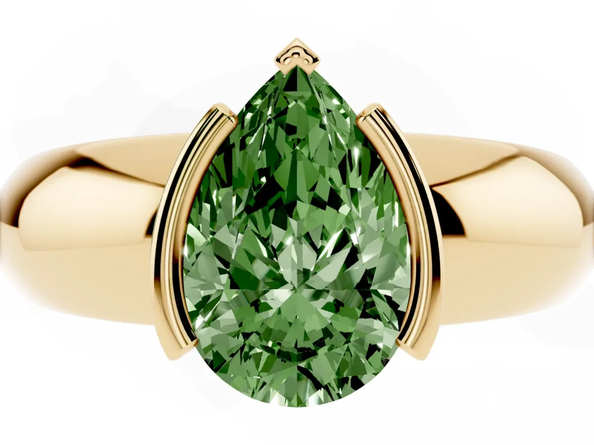 Fancy Green Pear Cut Solitaire Tension Set Diamond Ring with Wide Band Yellow gold