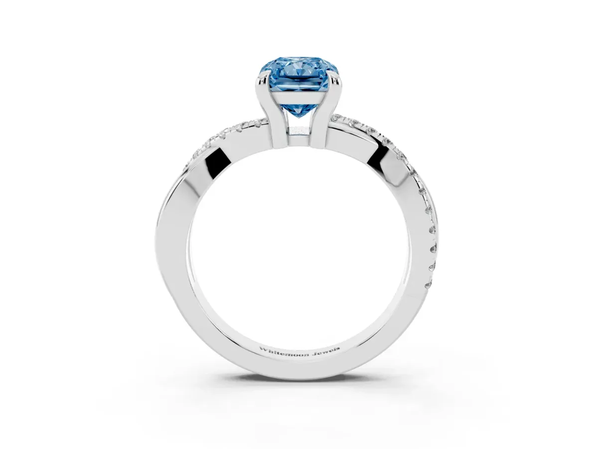 Fancy Blue Radiant Cut Cut Diamond Twist Band Solitaire with Prong Setting Silver