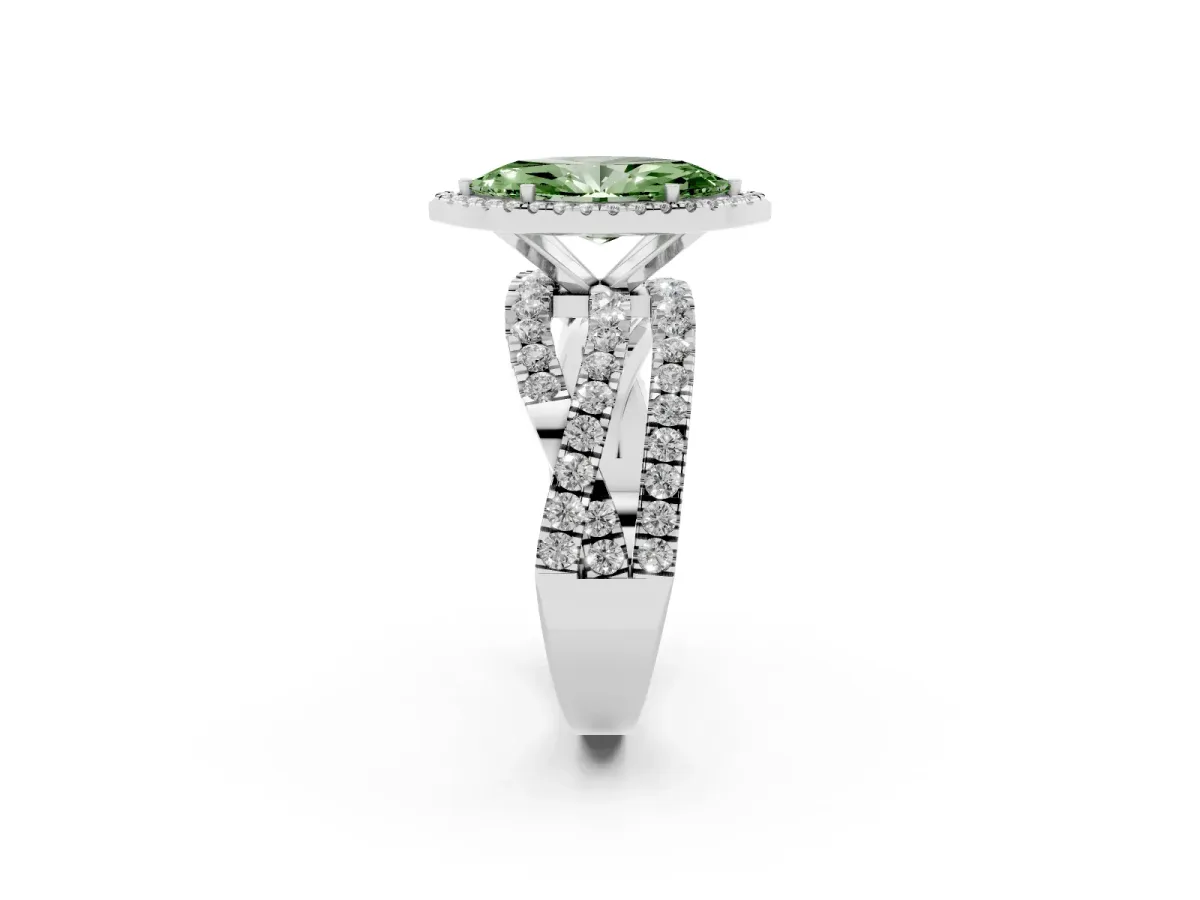 Fancy Green Marquise Cut Diamond Halo Ring with Round Split Shank and Prong Setting Silver