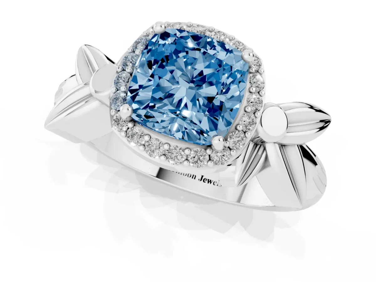 Fancy Blue Cushion Cut Halo Diamond Floral Band with Four-Prong Setting Silver