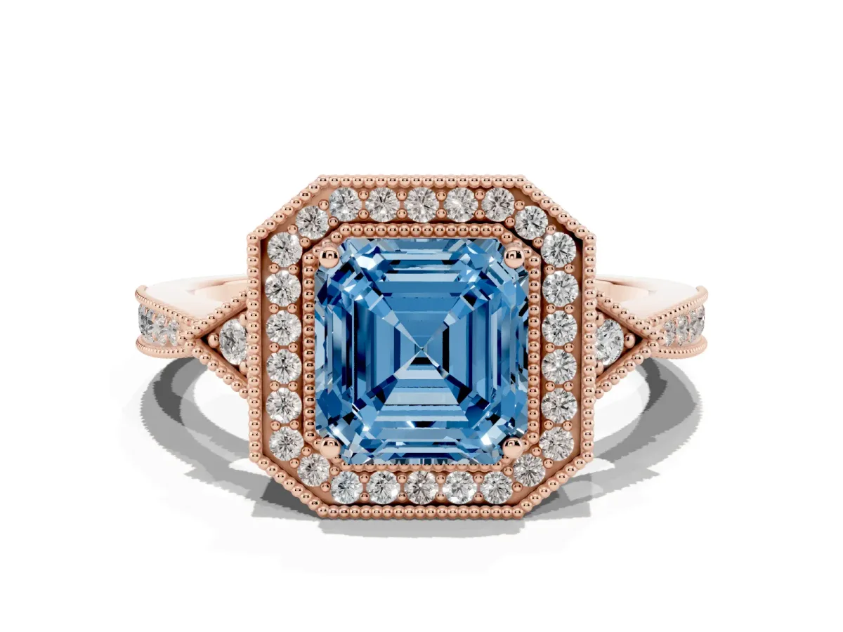 Fancy Blue Asscher Cut Halo Round Diamond Milgrain Pave Engagement Ring Rose gold