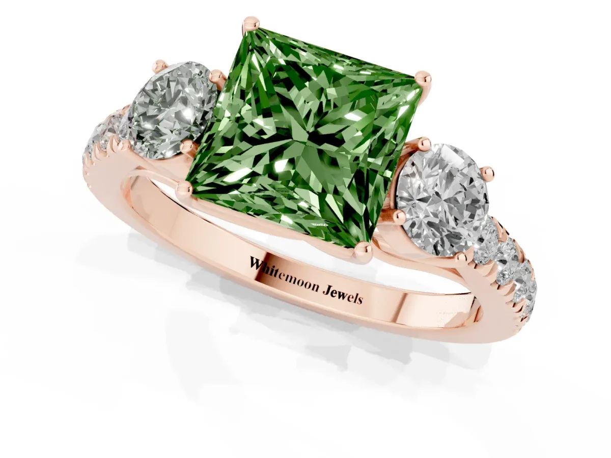 Fancy Green Princess Cut Cut Diamond Three-Stone Ring with Round Side Stones and Pavé Band Rose gold