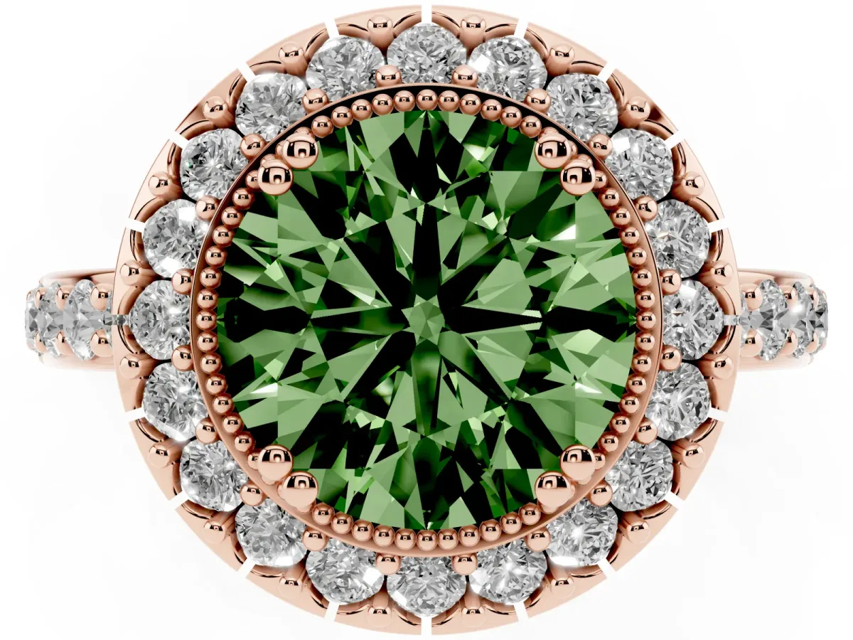 Fancy Green Round Cut Diamond Halo Ring with Pavé Band and Prong Setting Rose gold