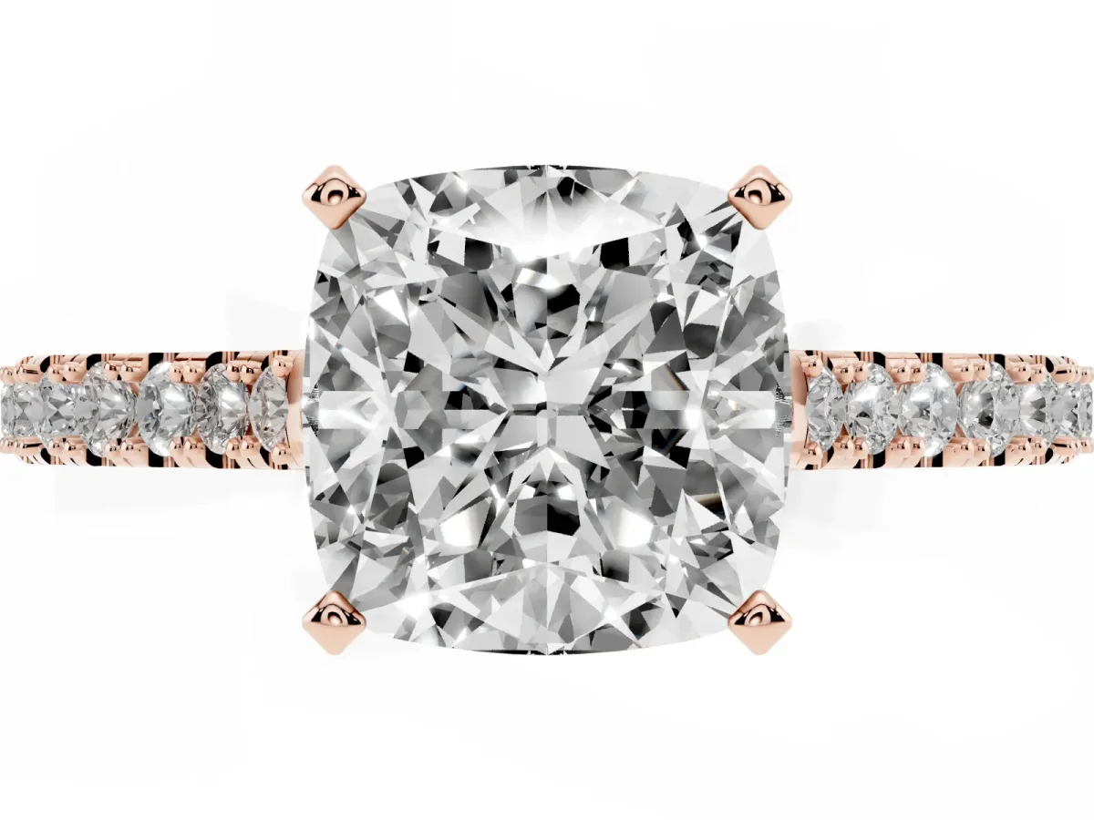 Cushion Cut Cut Solitaire Diamond Engagement Ring with Pave Band and Four-Prong Setting Rose gold