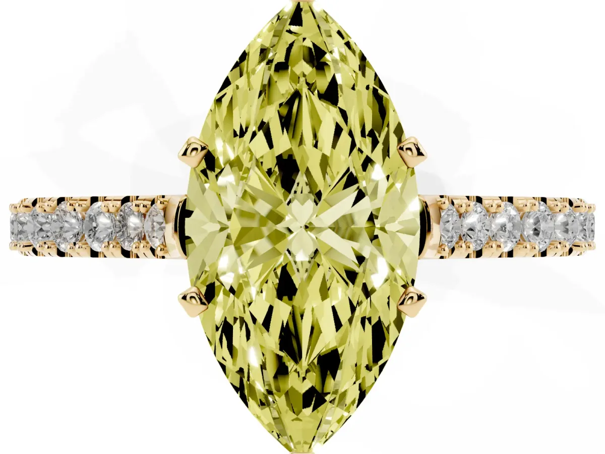 Fancy Yellow Marquise Cut Cut Solitaire Diamond Engagement Ring with Pave Band and Four-Prong Setting Yellow gold
