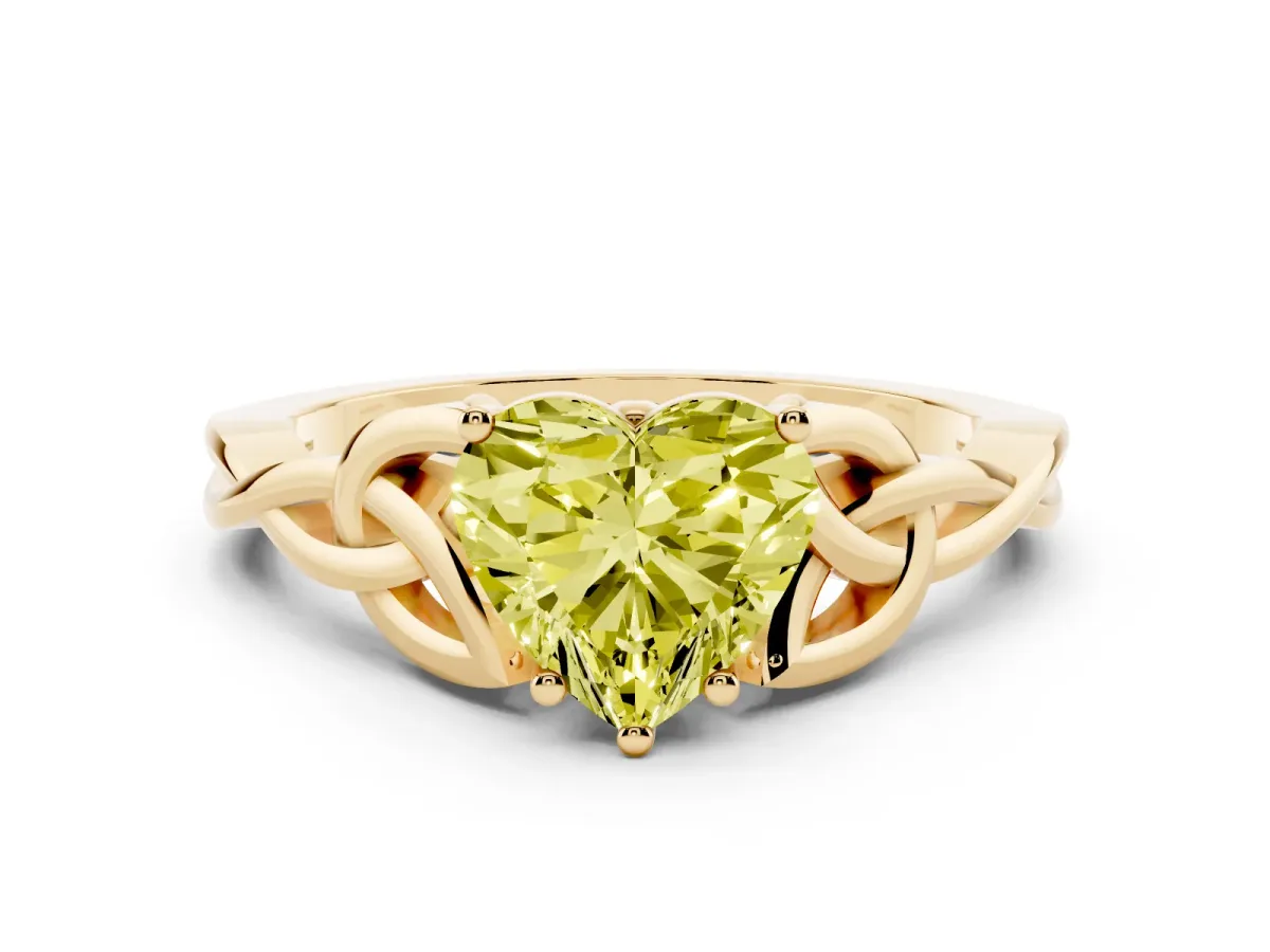 Fancy Yellow Heart Cut Diamond Solitaire Engagement Ring with Celtic Knot Band and Four-Prong Setting Yellow gold