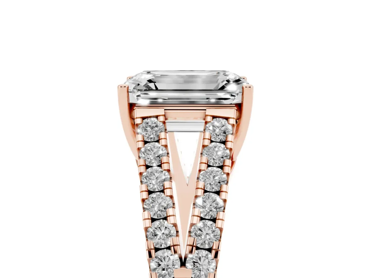 Emerald Cut Diamond Split Shank Engagement Ring with Round Pavé and Prong Setting Rose gold