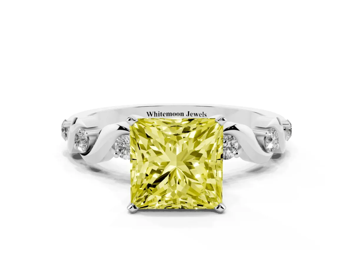 Fancy Yellow Princess Cut Diamond Solitaire Twisted Band with Round Accents and Prong Setting Silver