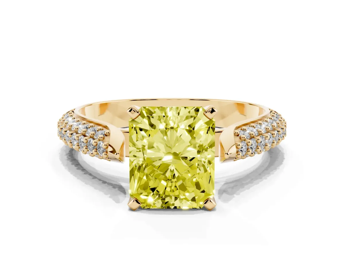 Fancy Yellow Radiant Cut Diamond Solitaire Engagement Ring with Multi-Row Round Pavé Band and Prong Setting Yellow gold