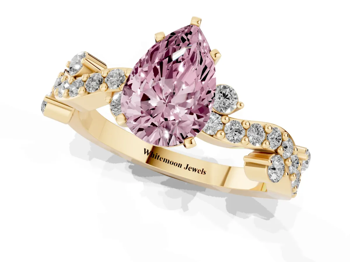 Fancy Pink Pear Cut Cut Solitaire Diamond Twisted Band with Pave Setting Yellow gold