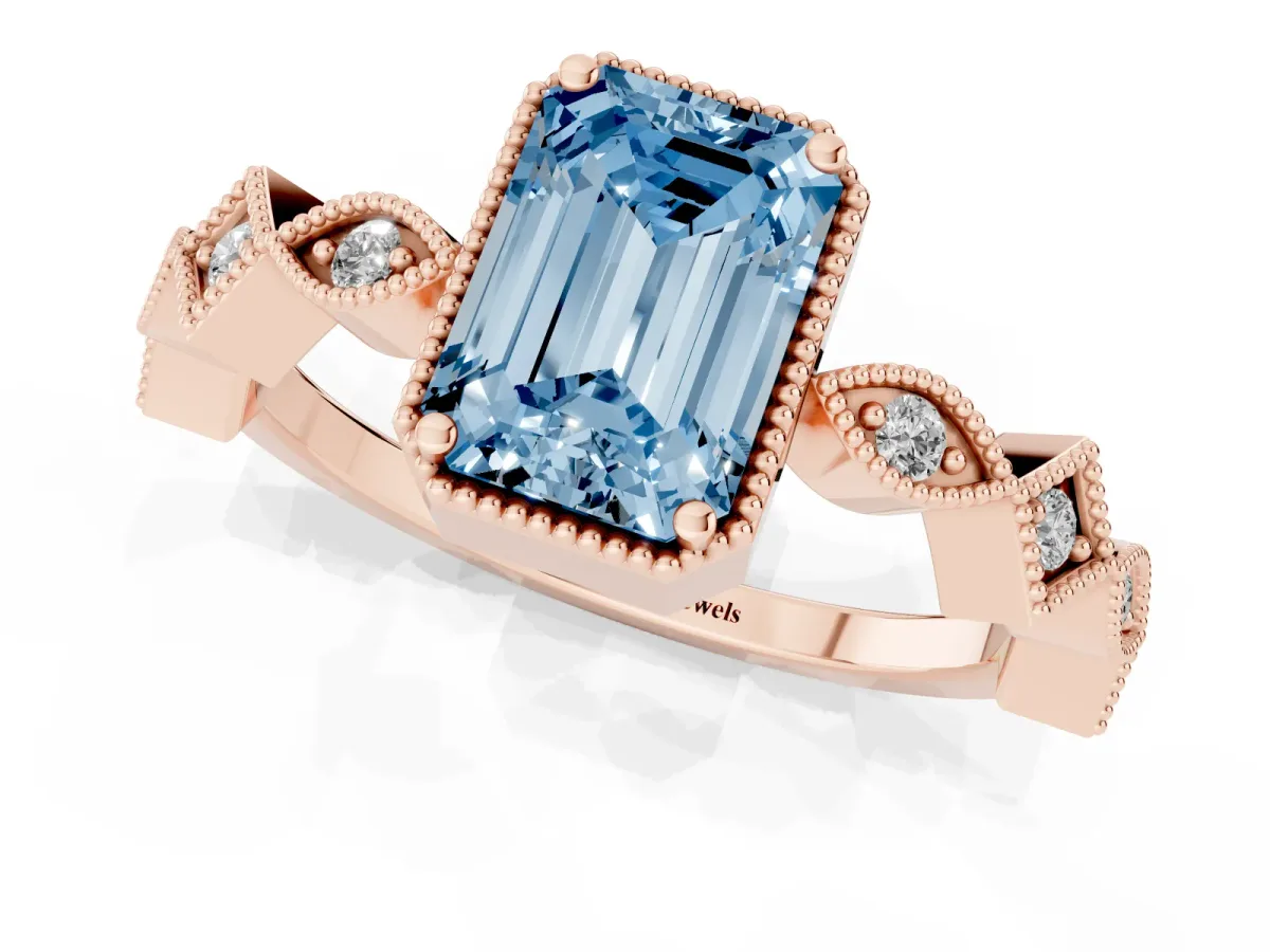 Fancy Blue Emerald Cut Milgrain Marquise Diamond Twist Band Ring Rose gold