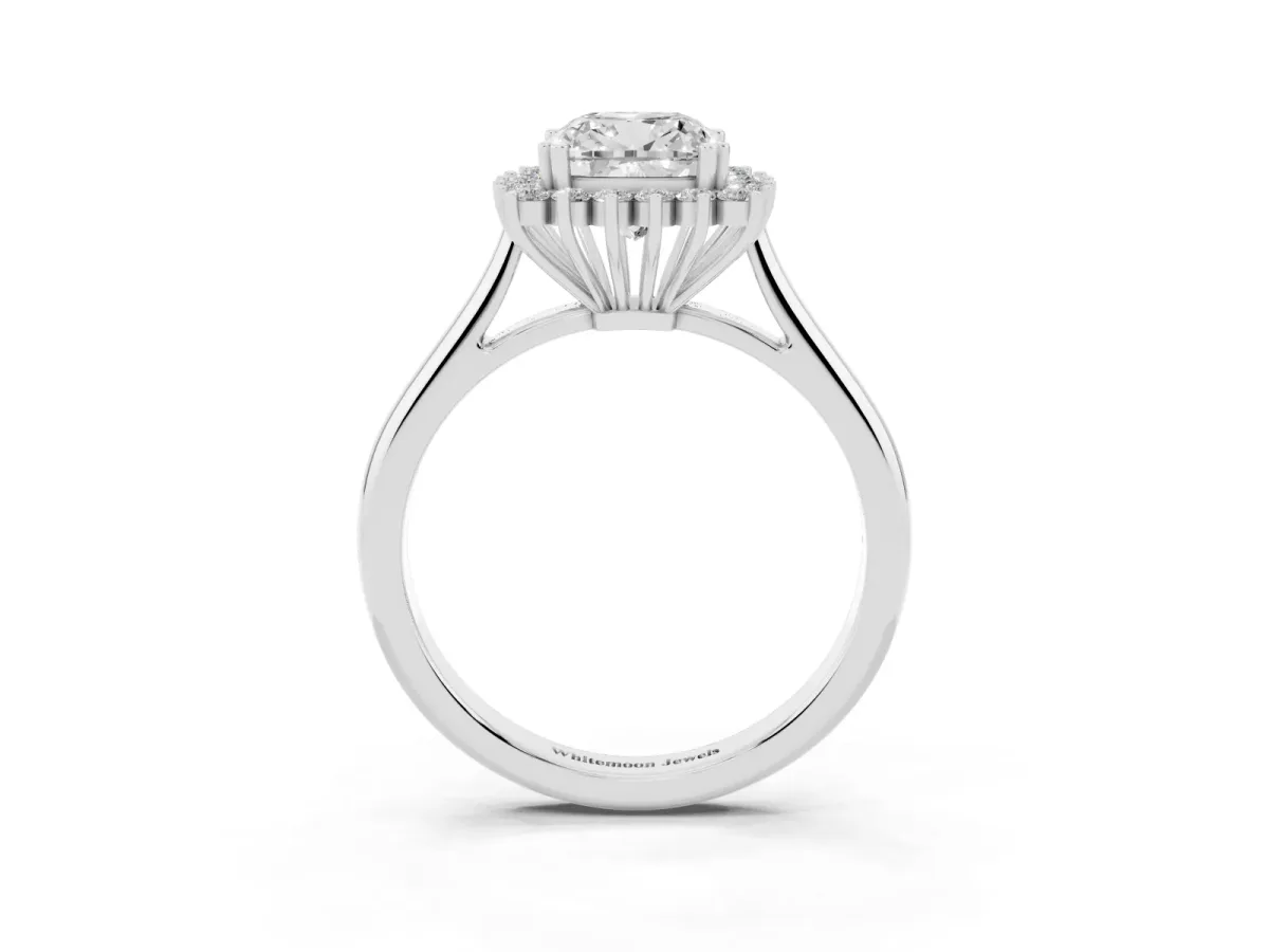 Cushion Cut Cut Diamond Halo Ring with Solitaire Band and Prong Setting Silver