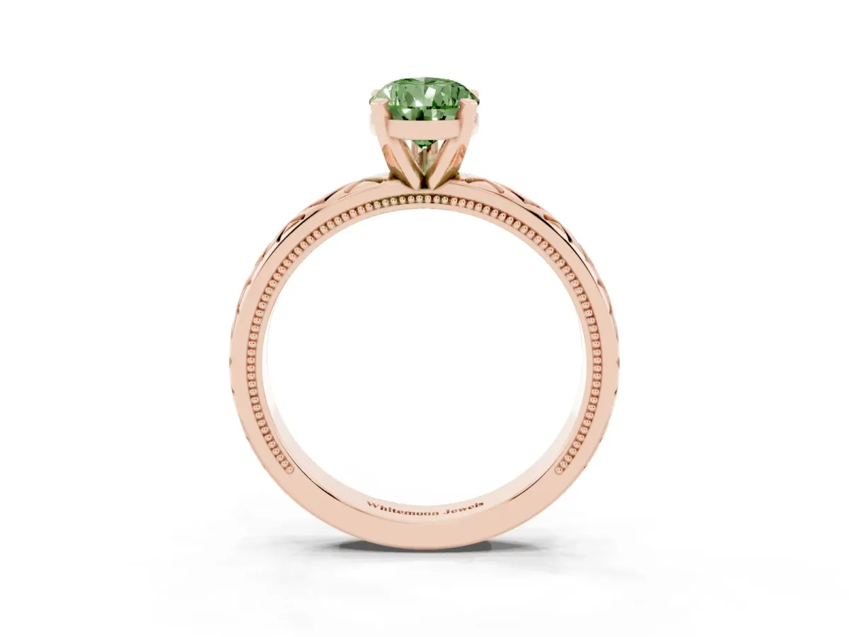 Fancy Green Pear Cut Solitaire Diamond Ring with Milgrain and Black Enamel X Pattern Band Rose gold