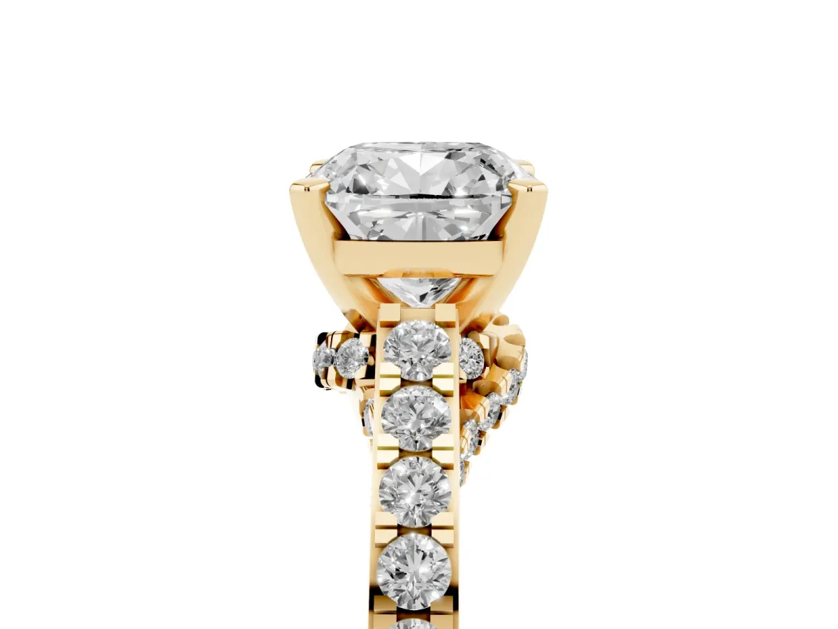 Cushion Cut Diamond Solitaire Ring with Crossover Gallery and Round Pavé Band Yellow gold