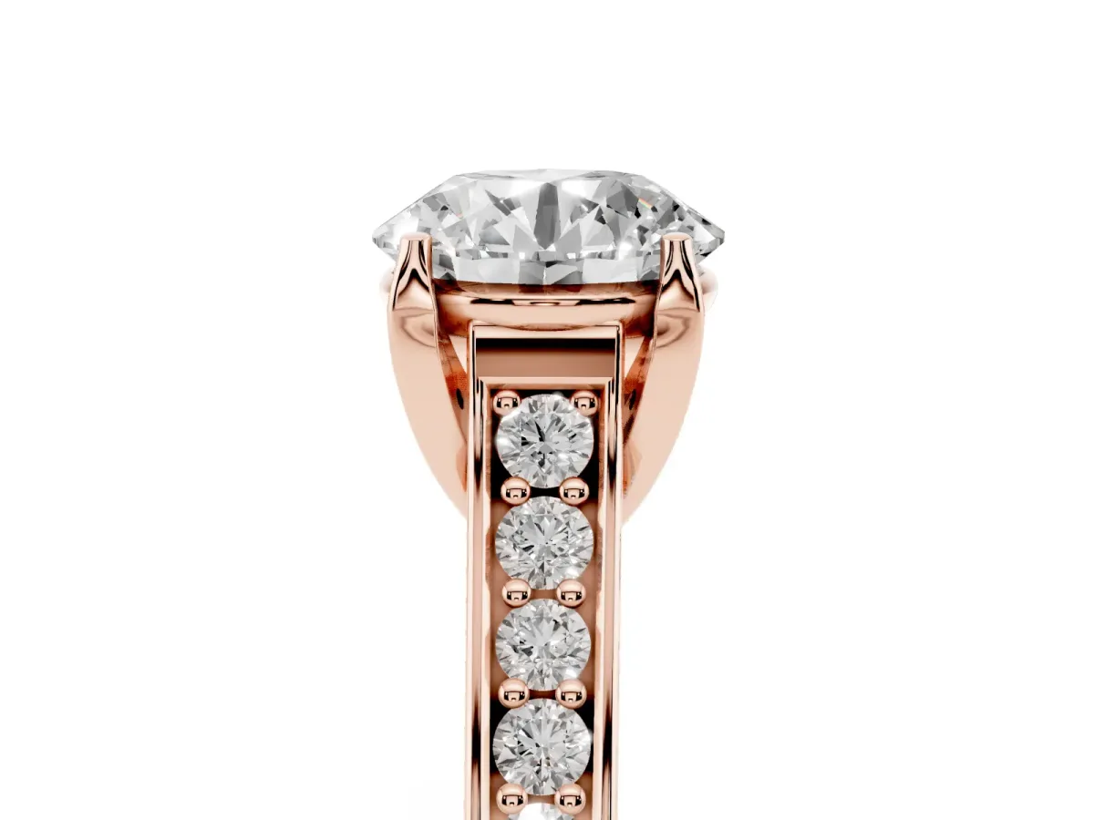 Round Cut Brilliant Cut Diamond Engagement Ring with Pavé Band and Four-Prong Setting Rose gold
