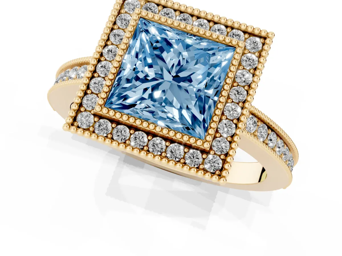 Fancy Blue Princess Cut Cut Halo Diamond Ring with Pavé Band and Milgrain Prong Setting Yellow gold