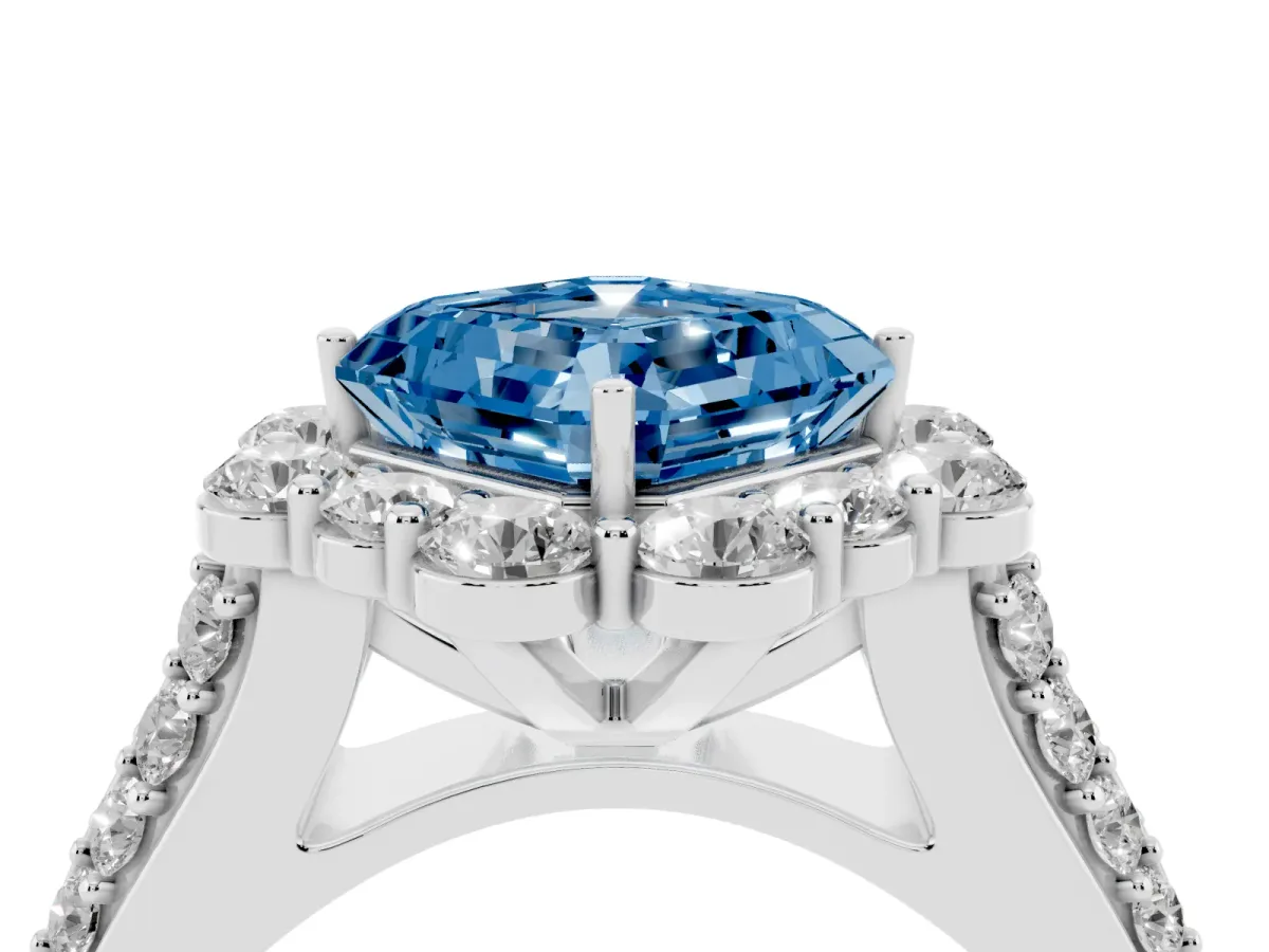 Fancy Blue Asscher Cut Halo Diamond Engagement Ring with Split Shank and Prong Setting Silver