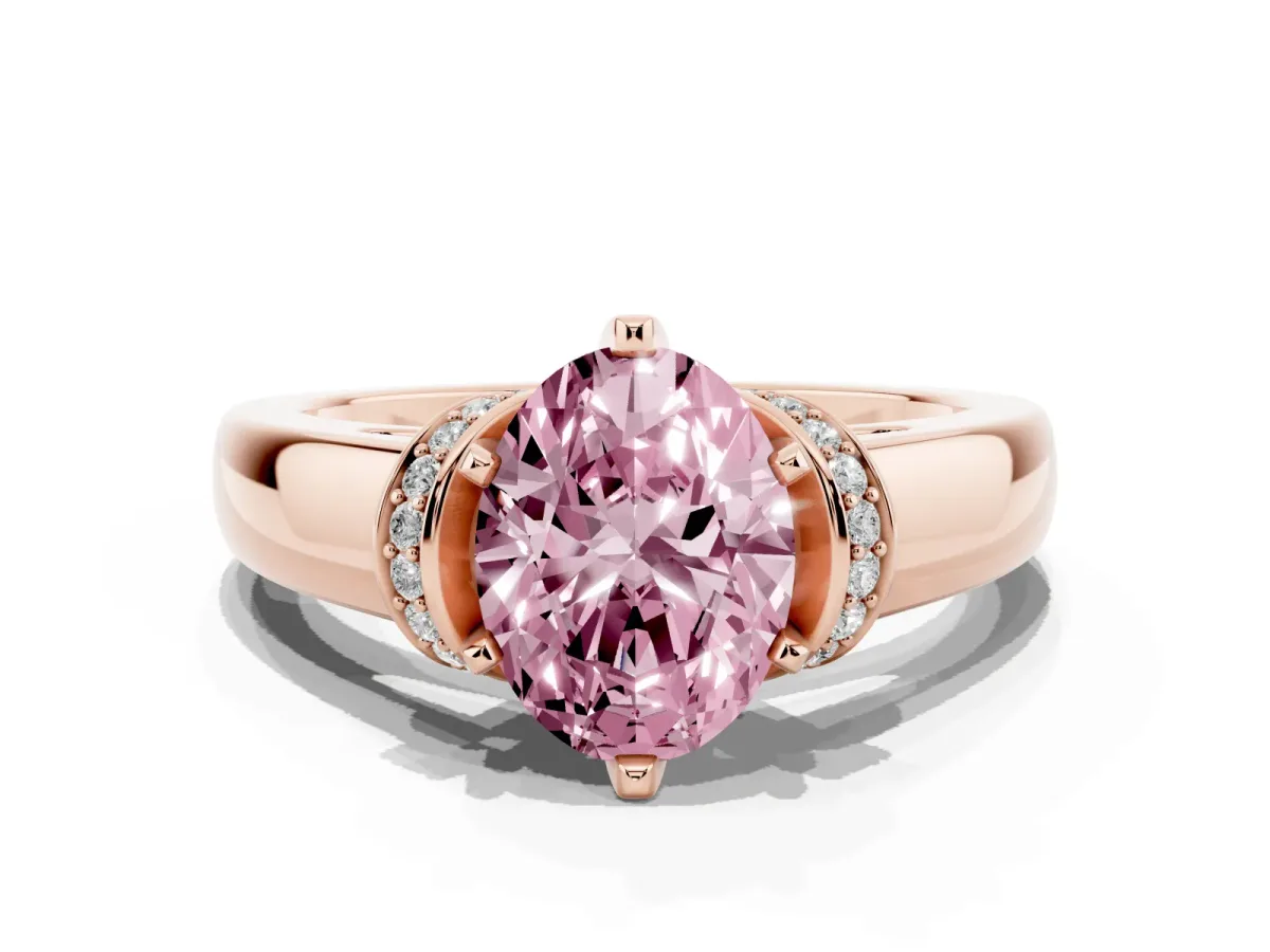 Fancy Pink Oval Cut Solitaire Diamond Ring with Pave Band and Six-Prong Setting Rose gold