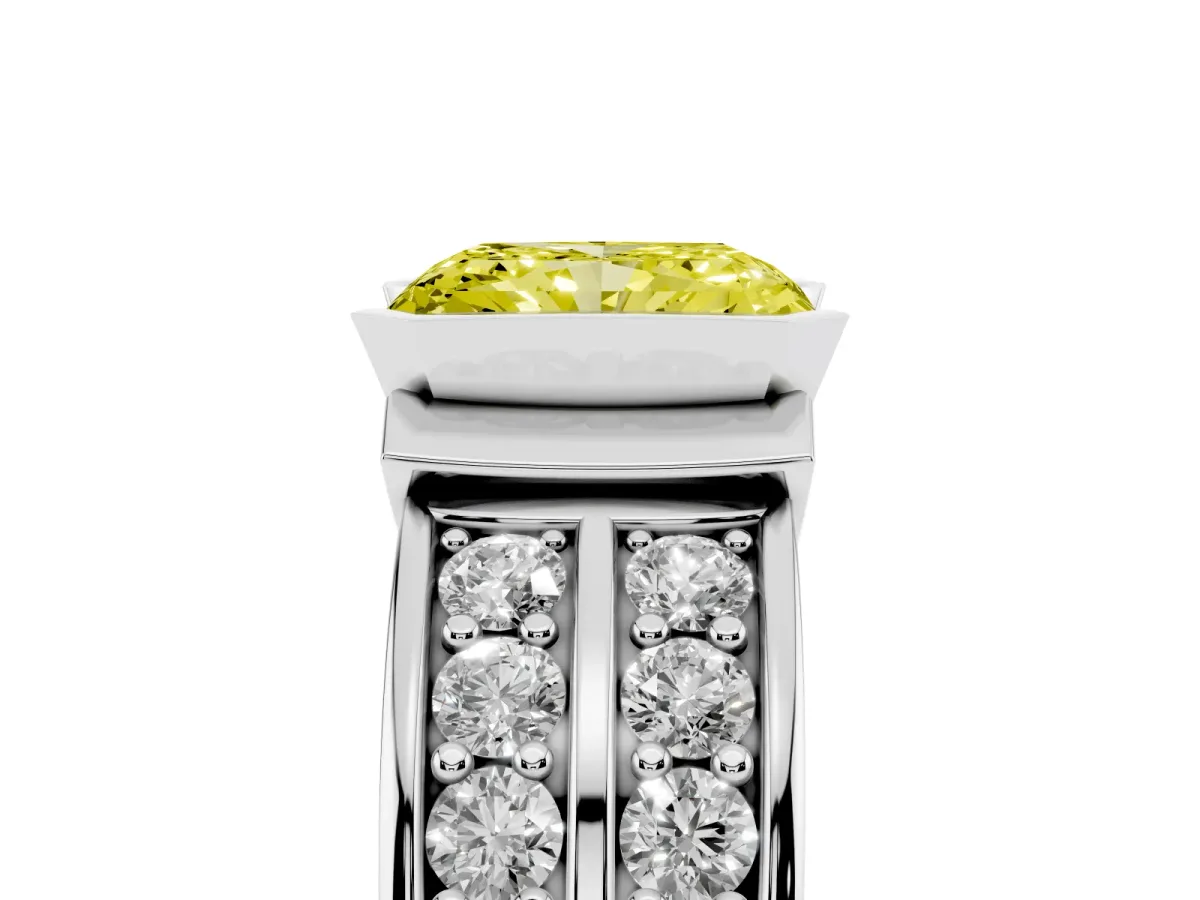 Fancy Yellow Radiant Cut Brilliant Diamond Channel Set Wide Band Ring with Bezel Setting Silver