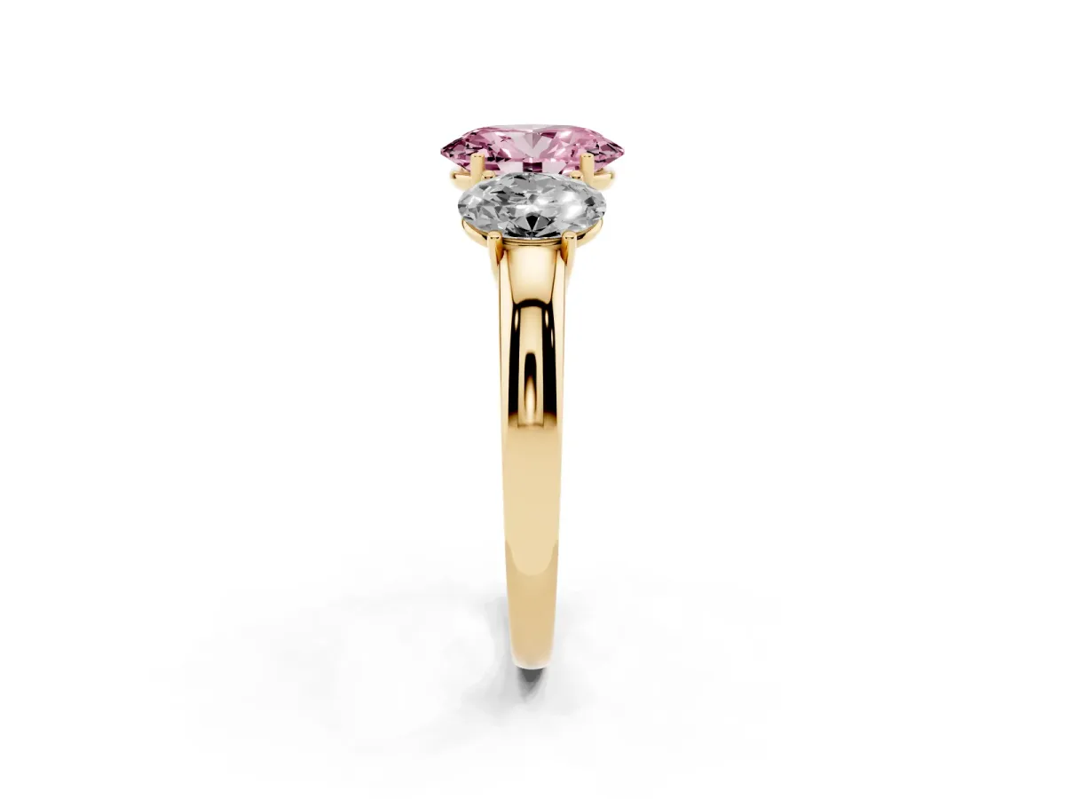 Fancy Pink Oval Cut Diamond Three-Stone Ring with Four-Prong Setting and Classic Band Yellow gold