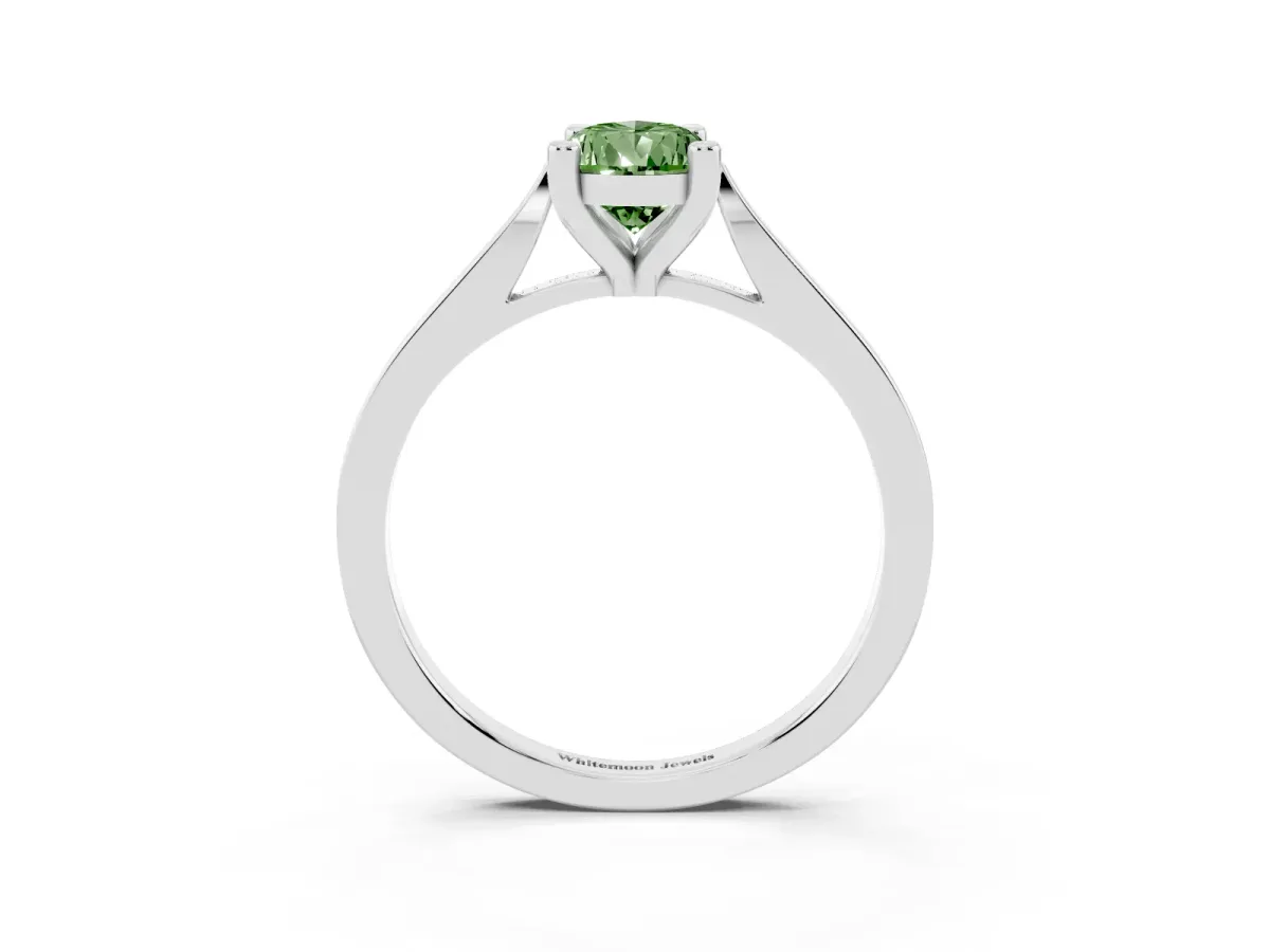 Fancy Green Pear Cut Solitaire Diamond Ring with Four-Prong Setting and Tapered Band Platinum