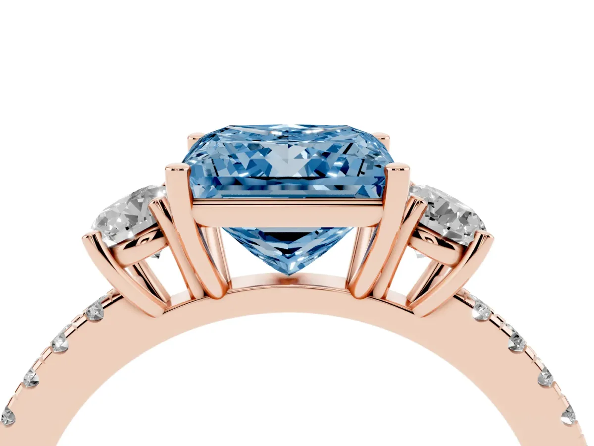 Fancy Blue Three-Stone Princess Cut Cut Diamond Pavé Band with Prong Setting Rose gold