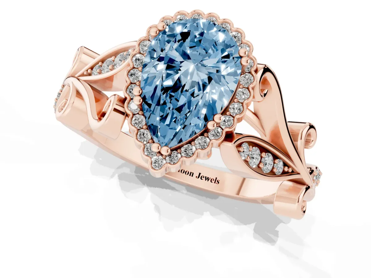 Fancy Blue Pear Cut Diamond Halo Ring with Vintage Split Shank and Four-Prong Setting Rose gold